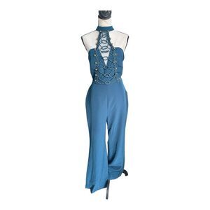 L’Atiste by Amy Macramé Lace-Up Jumpsuit Teal Halter Wide Leg Size L NWT